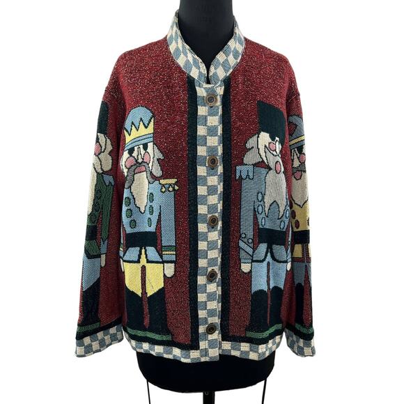 VTG Sugar Street Weavers Nutcrackers Christmas Tapestry Cardigan Sweater USA M - Picture 1 of 12